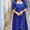 Royal Blue Raw Silk Anarkali Gown | Puff Sleeve Square Neck Embroidered Buti Flared Kurti Dress - Image 2