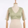 Sage Green Organza Sleeve Saree Blouse | Deep V-Neck Backless Tie-Up Designer Readymade Crop Top