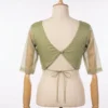 Sage Green Organza Sleeve Saree Blouse | Deep V-Neck Backless Tie-Up Designer Readymade Crop Top - Image 2