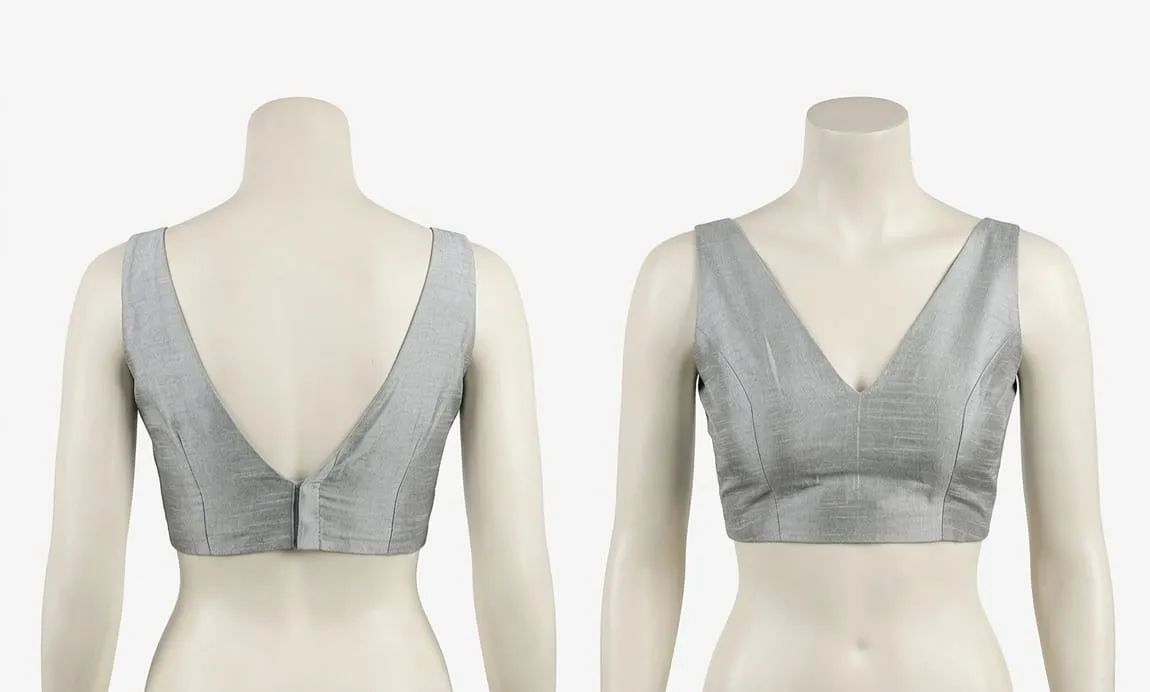 Silver Grey V-Neck Blouse | Deep V-Back Sleeveless Designer Blouse