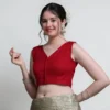 Sleeveless Red Front Open Silk Blouse – Elegant V-Neck Boat Back Plain Readymade Blouse for Saree
