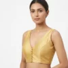 Solid Gold Raw Silk Sleeveless Saree Blouse – Deep U-Back & Front Button Open Padded Blouse