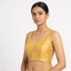 Solid Gold Raw Silk Sleeveless Saree Blouse – High Back Potli Button Readymade Crop Top - Image 2
