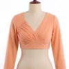 Solid Long Sleeve Readymade Blouse | Pleated Surplice V-Neck Padded Crop Top for Sarees