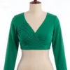 Solid Long Sleeve Readymade Blouse | Pleated Surplice V-Neck Padded Crop Top for Sarees - Image 2