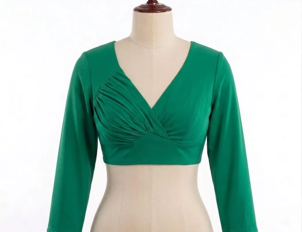 Solid Long Sleeve Readymade Blouse | Pleated Surplice V-Neck Padded Crop Top for Sarees - Image 2