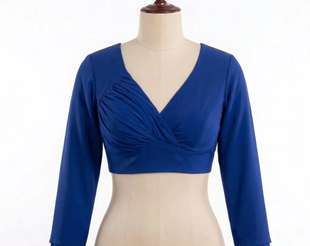 Solid Long Sleeve Readymade Blouse | Pleated Surplice V-Neck Padded Crop Top for Sarees - Image 3