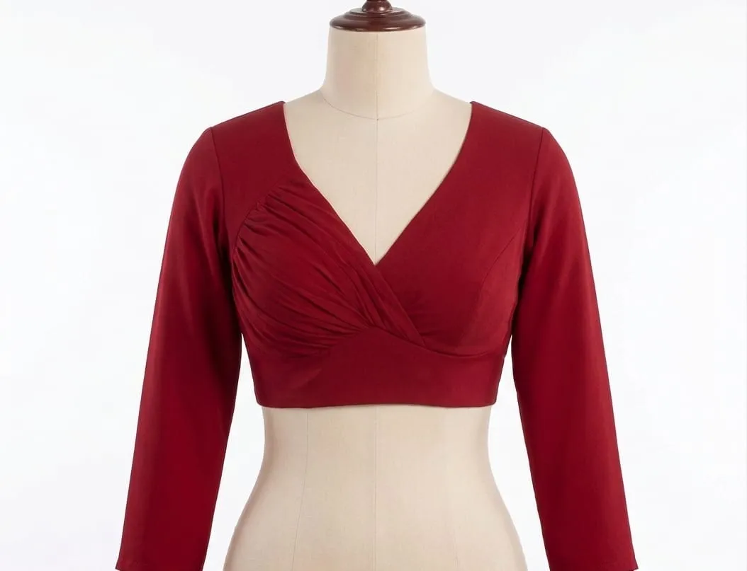 Solid Long Sleeve Readymade Blouse | Pleated Surplice V-Neck Padded Crop Top for Sarees - Image 4