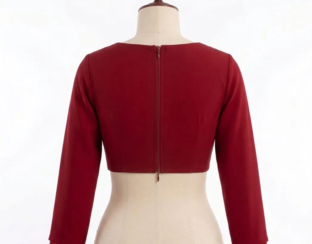 Solid Long Sleeve Readymade Blouse | Pleated Surplice V-Neck Padded Crop Top for Sarees - Image 5