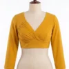 Solid Long Sleeve Readymade Blouse | Pleated Surplice V-Neck Padded Crop Top for Sarees - Image 6
