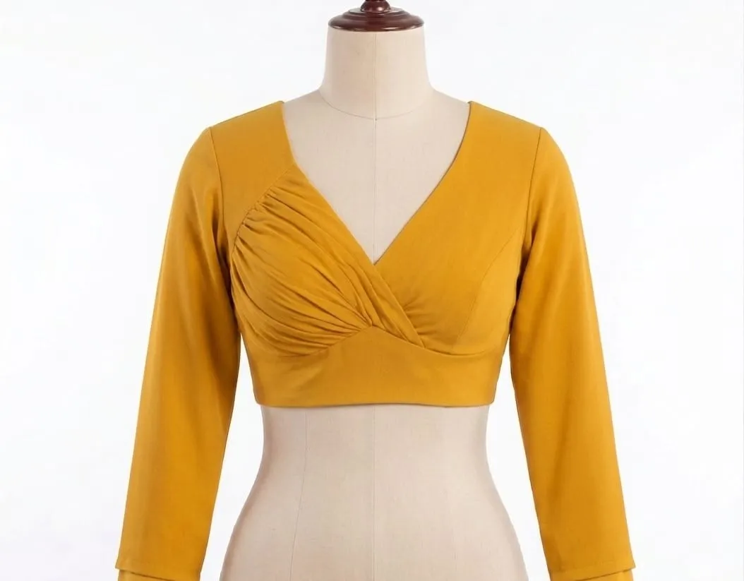 Solid Long Sleeve Readymade Blouse | Pleated Surplice V-Neck Padded Crop Top for Sarees - Image 6