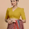 Solid Mustard Yellow Cotton Saree Blouse | Designer Princess Cut High Back Padded Crop Top Blouse for Daily & Office Wear - Image 3
