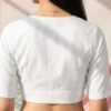 Solid V-Neck Readymade Blouse with Elbow Length Sleeves – Closed High Back Open Crop Top