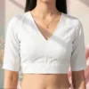 Solid V-Neck Readymade Blouse with Elbow Length Sleeves – Closed High Back Open Crop Top - Image 2