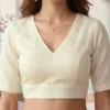 Solid V-Neck Readymade Blouse with Elbow Length Sleeves – Closed High Back Open Crop Top - Image 3