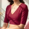 Solid V-Neck Readymade Blouse with Elbow Length Sleeves – Closed High Back Open Crop Top - Image 8
