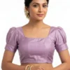 Square Neck Puff Sleeve Saree Blouse – Solid Raw Silk Readymade Crop Top with Back Open Hooks - Image 3