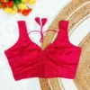 Textured Silk Sleeveless V-Neck Readymade Saree Blouse with Dori Latkan | Padded Princess Cut Crop Top for Women - Image 5
