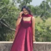 Wine Red Flared Anarkali Gown with Embroidered Square Neck & Chiffon Dupatta – Festive Party Wear Long Dress