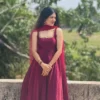 Wine Red Flared Anarkali Gown with Embroidered Square Neck & Chiffon Dupatta – Festive Party Wear Long Dress - Image 2