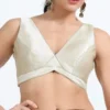 Women's Champagne Gold Satin Silk Readymade Blouse | Deep V-Neck Sleeveless Padded Saree Blouse with Back Hook Closu