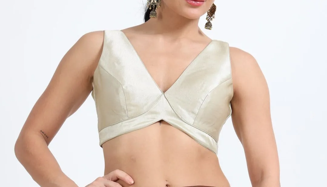 Women's Champagne Gold Satin Silk Readymade Blouse | Deep V-Neck Sleeveless Padded Saree Blouse with Back Hook Closu