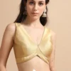 Women's Champagne Gold Satin Silk Readymade Blouse | Deep V-Neck Sleeveless Padded Saree Blouse with Back Hook Closu - Image 4