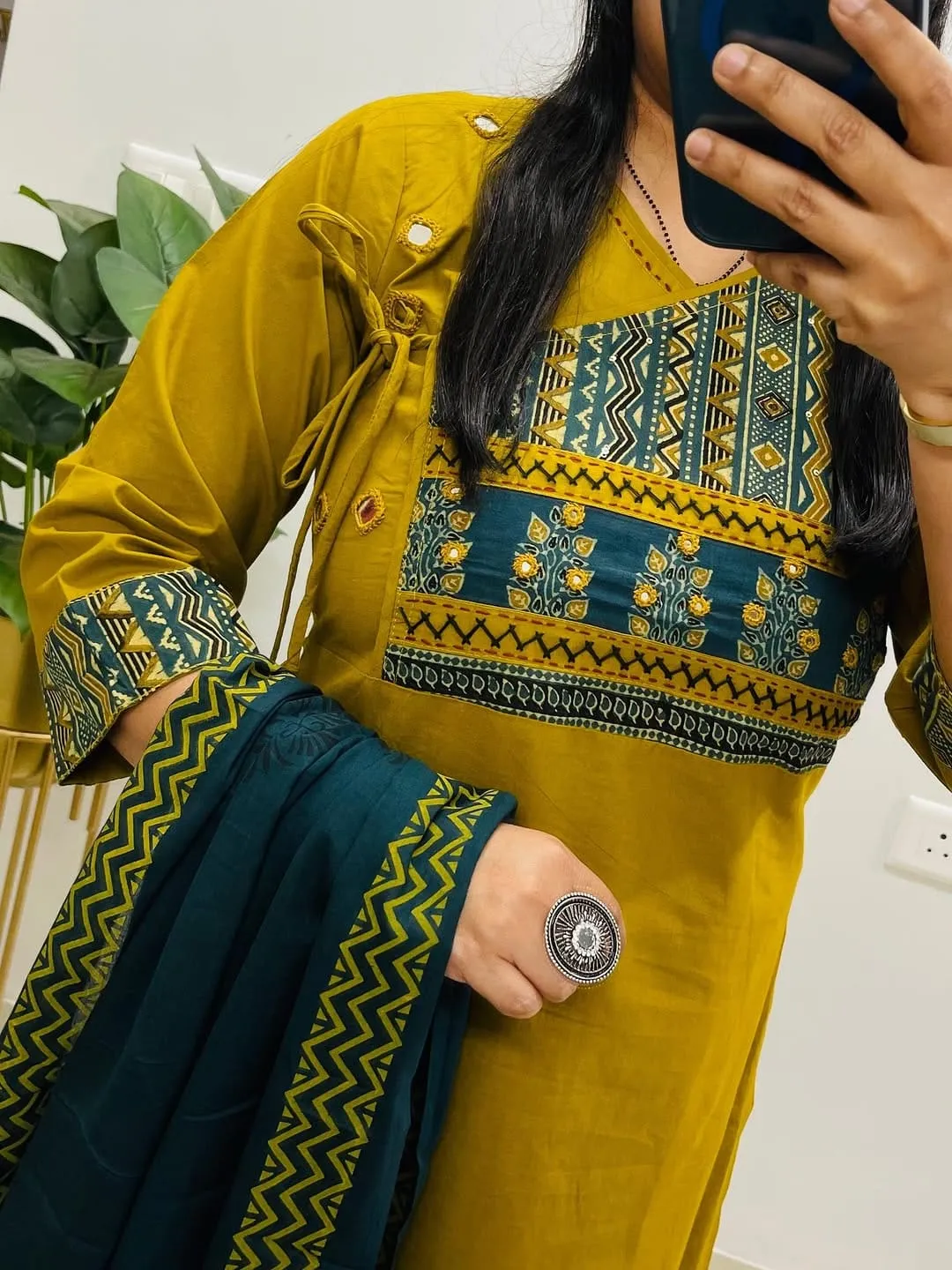 Women's Dabu Cotton Angrakha Kurta Set with Mirror Work & Dupatta | Fully Stitched Ethnic 3-Piece Suit (M-3XL) - Image 4