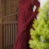 Women's Maroon Raw Silk Anarkali Kurta Set with Dupatta | Embroidered Round Neck A-Line Long Kurti with Pant for Festive & Party Wear