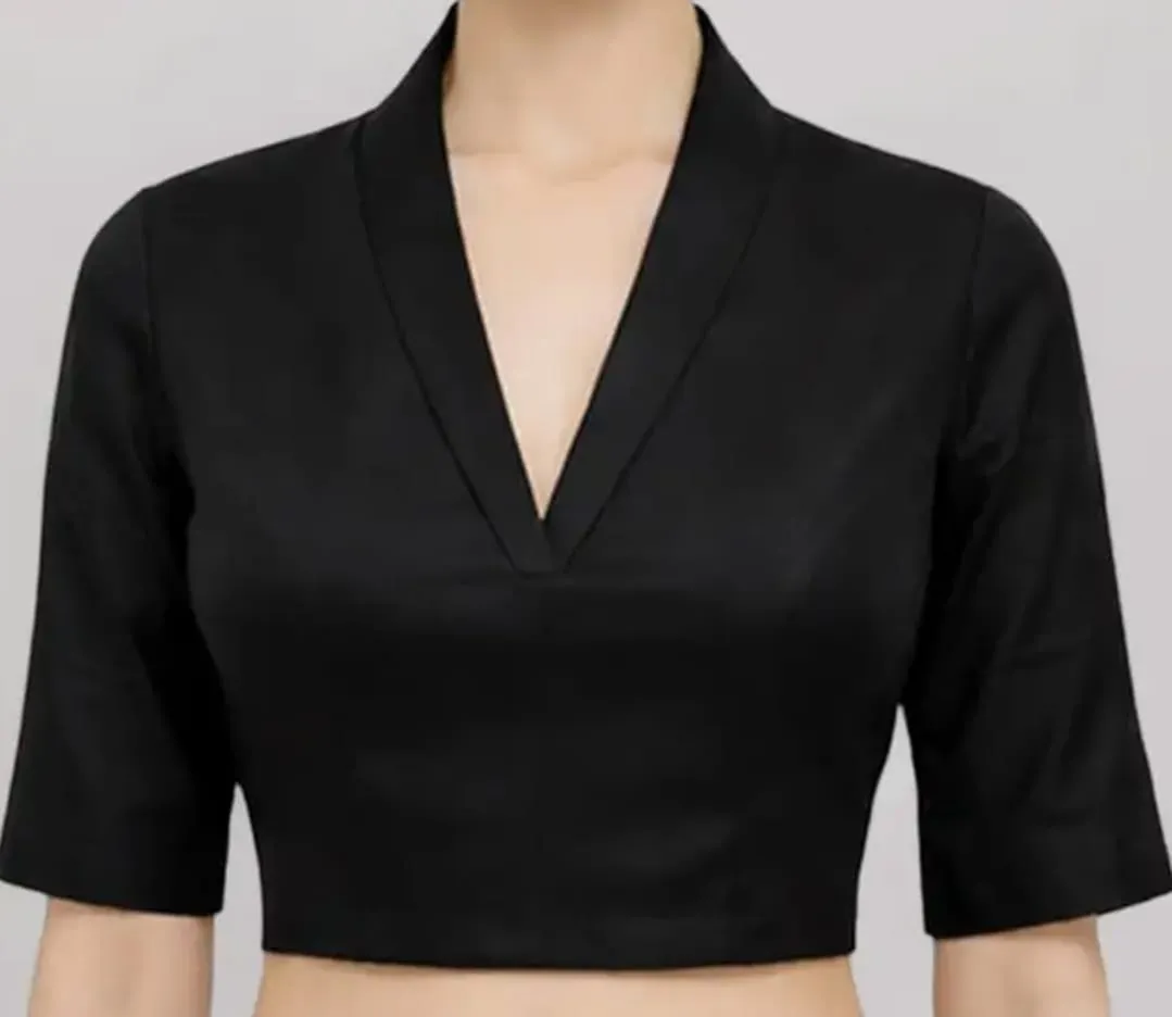 Women's Plain Black Readymade Saree Blouse | Deep V-Neck Collar Style Elbow Sleeve Crop Top Blouse