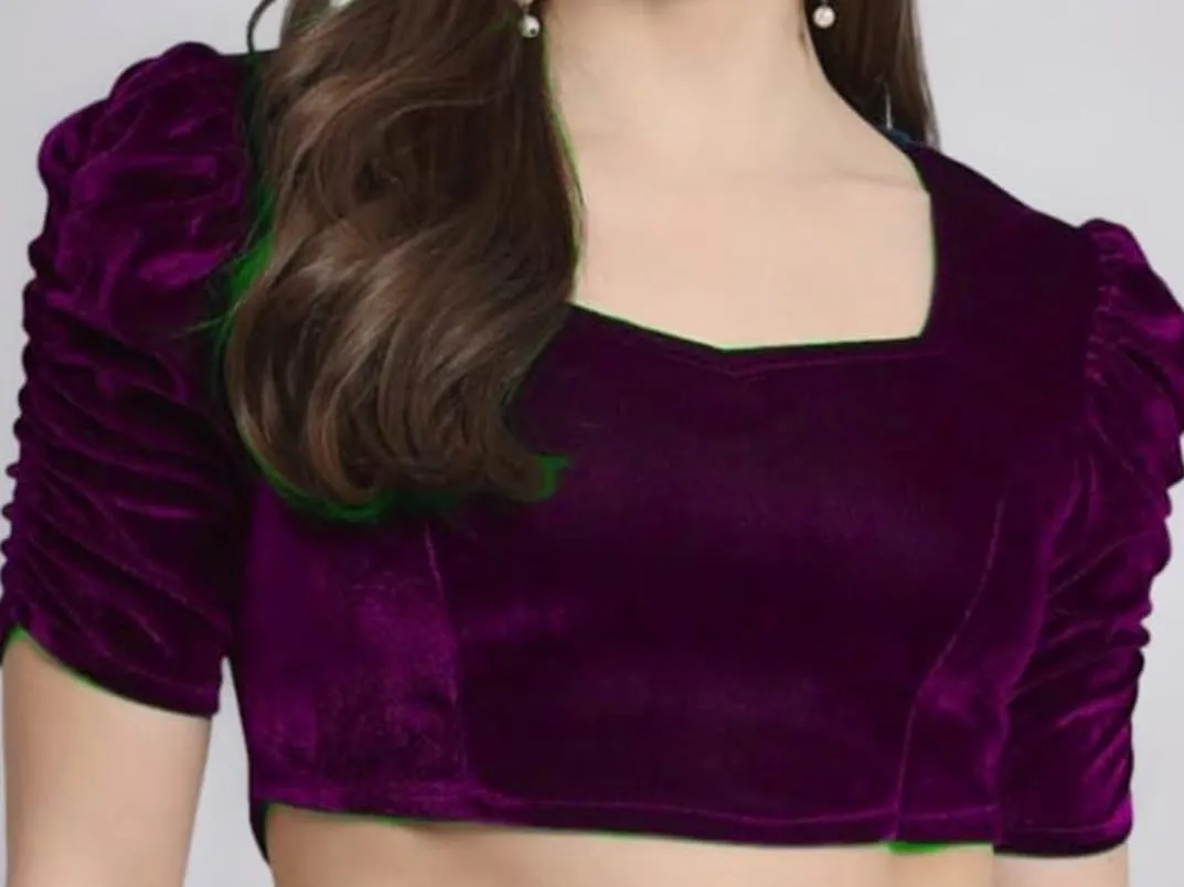 Women's Purple Velvet Readymade Saree Blouse | Sweetheart Neck Ruched Sleeve Padded Crop Top Blouse
