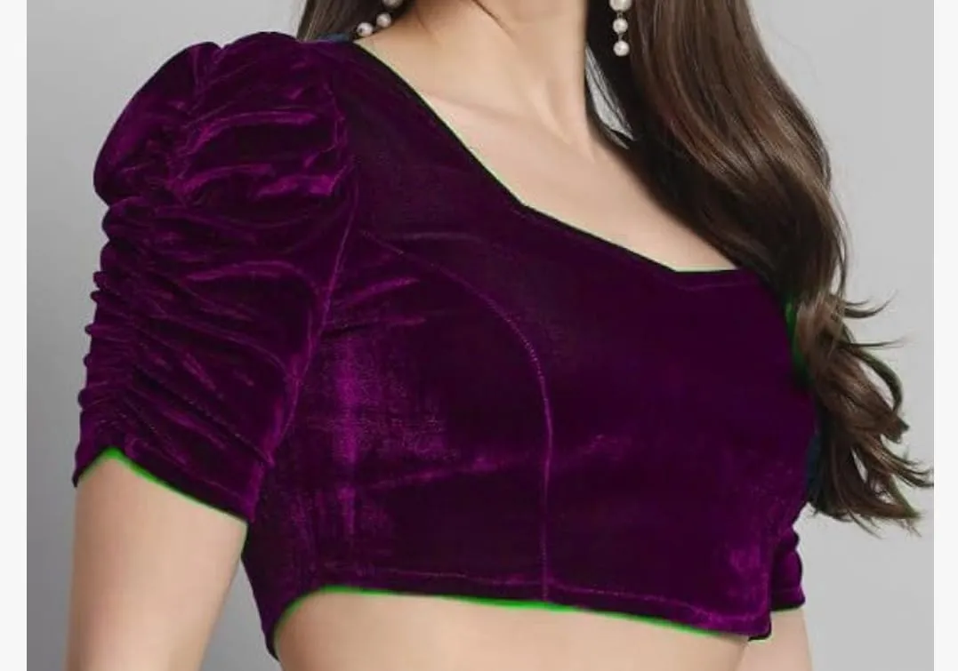 Women's Purple Velvet Readymade Saree Blouse | Sweetheart Neck Ruched Sleeve Padded Crop Top Blouse - Image 2