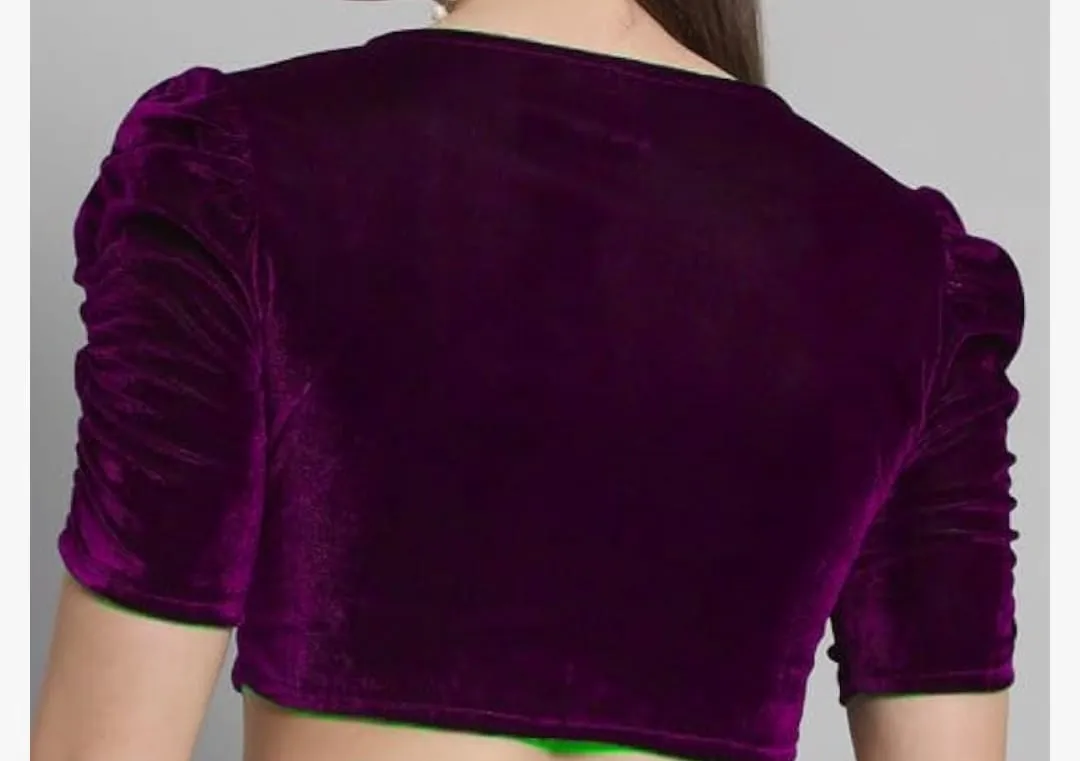 Women's Purple Velvet Readymade Saree Blouse | Sweetheart Neck Ruched Sleeve Padded Crop Top Blouse - Image 3