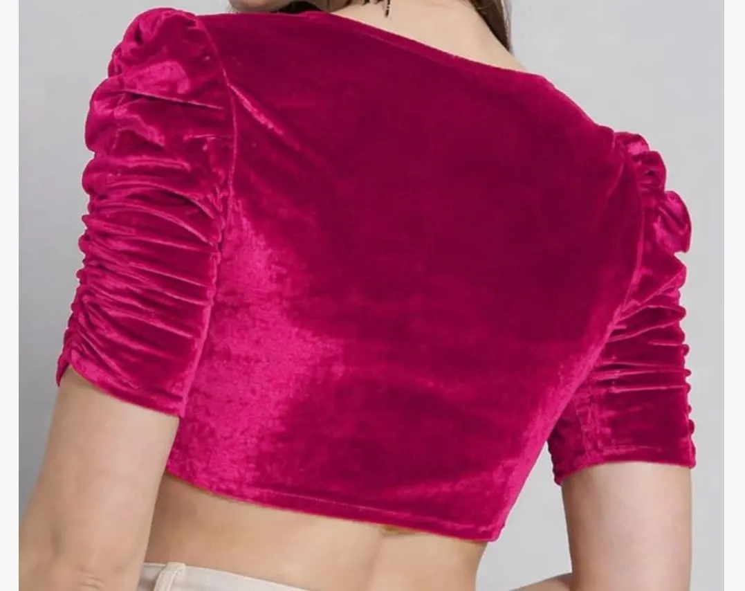Women's Purple Velvet Readymade Saree Blouse | Sweetheart Neck Ruched Sleeve Padded Crop Top Blouse - Image 4