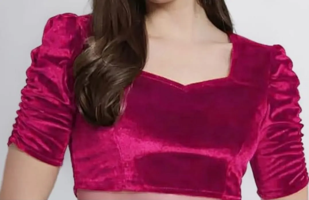 Women's Purple Velvet Readymade Saree Blouse | Sweetheart Neck Ruched Sleeve Padded Crop Top Blouse - Image 5