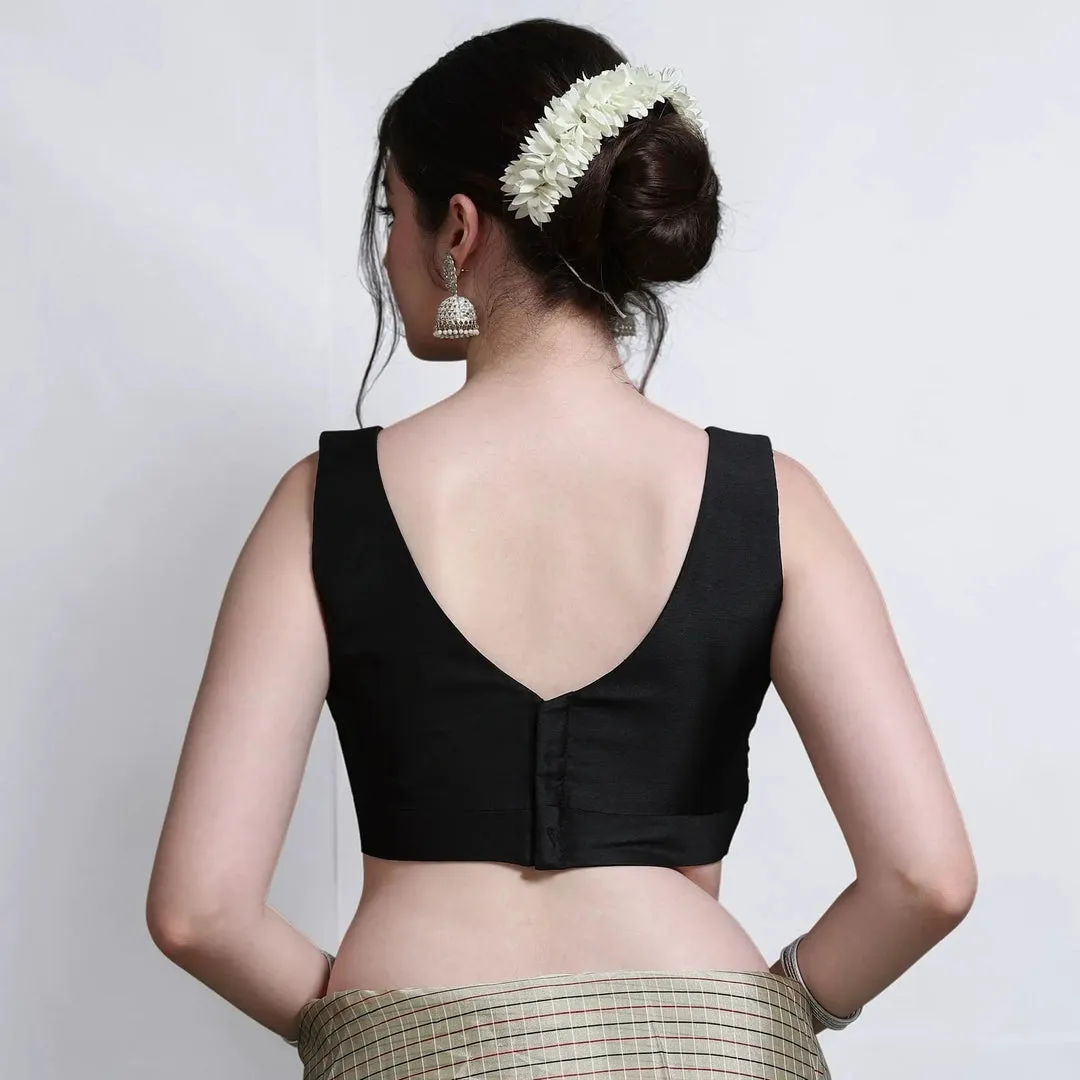 Women's Raw Silk Sleeveless Saree Blouse – Padded Deep V-Neck Readymade Choli Crop Top