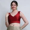 Women's Raw Silk Sleeveless Saree Blouse – Padded Deep V-Neck Readymade Choli Crop Top - Image 3