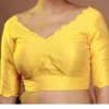 Yellow Readymade Blouse for Women | Deep V-Back Scallop Hem Silk Blouse for Sarees, Festive & Wedding Wear