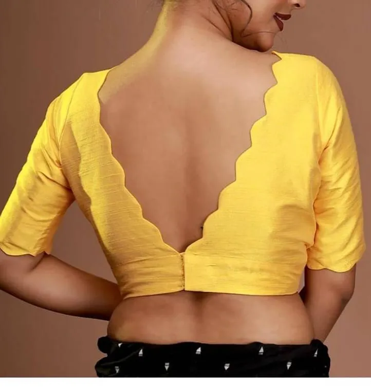 Yellow Readymade Blouse for Women | Deep V-Back Scallop Hem Silk Blouse for Sarees, Festive & Wedding Wear - Image 2