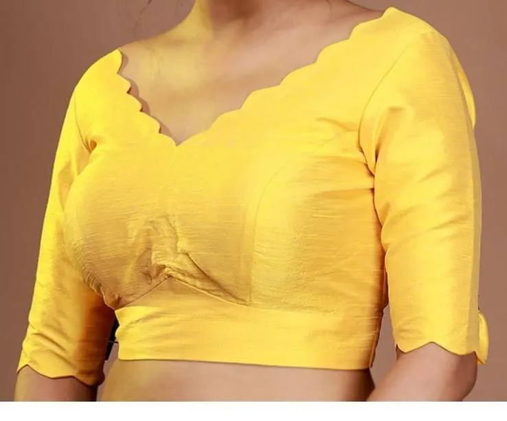 Yellow Readymade Blouse for Women | Deep V-Back Scallop Hem Silk Blouse for Sarees, Festive & Wedding Wear - Image 3