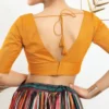 Yellow Readymade Saree Blouse for Women | Deep V Cut Front & Back Raw Silk Padded Festive Party Wear Blouse