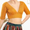 Yellow Readymade Saree Blouse for Women | Deep V Cut Front & Back Raw Silk Padded Festive Party Wear Blouse - Image 2
