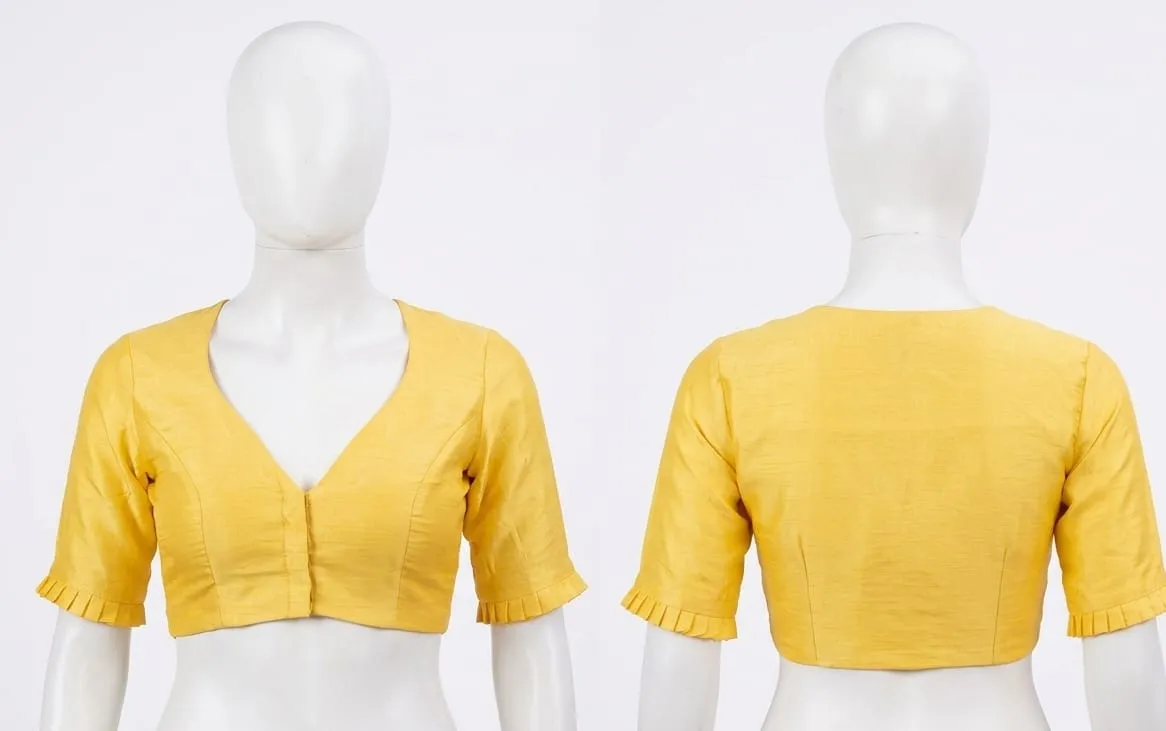 Yellow Silk Saree Blouse with Pleated Sleeves | Deep V-Neck Front Open Blouse | Designer Half Sleeve Elbow Length Blouse