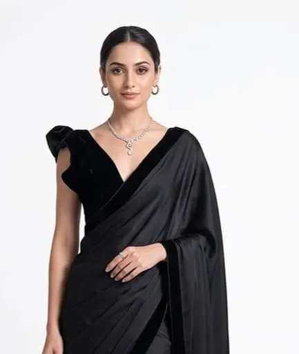 Backless Velvet Blouse Satin Saree Set – Ruffle Sleeve Cocktail & Party Wear Saree - Image 10