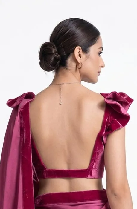 Backless Velvet Blouse Satin Saree Set – Ruffle Sleeve Cocktail & Party Wear Saree - Image 2
