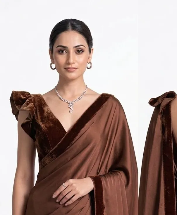 Backless Velvet Blouse Satin Saree Set – Ruffle Sleeve Cocktail & Party Wear Saree - Image 3