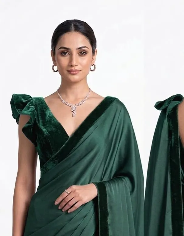 Backless Velvet Blouse Satin Saree Set – Ruffle Sleeve Cocktail & Party Wear Saree - Image 4