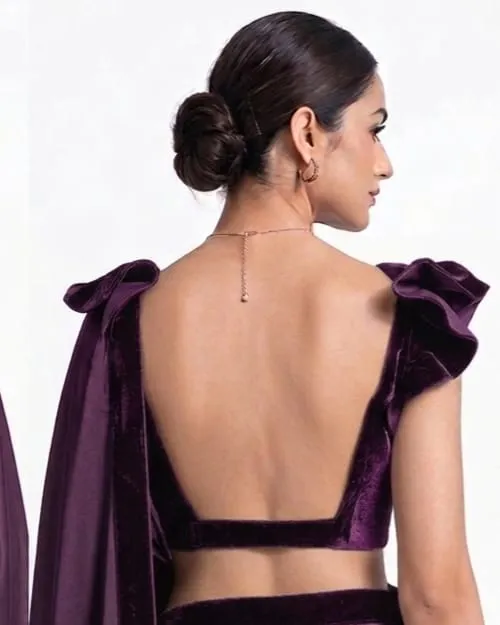 Backless Velvet Blouse Satin Saree Set – Ruffle Sleeve Cocktail & Party Wear Saree - Image 5