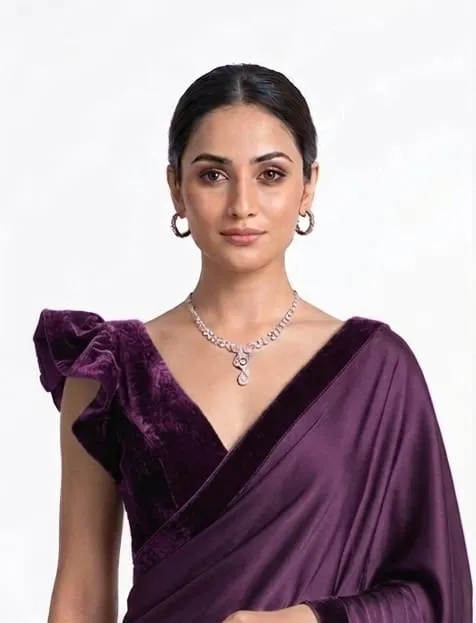 Backless Velvet Blouse Satin Saree Set – Ruffle Sleeve Cocktail & Party Wear Saree - Image 7