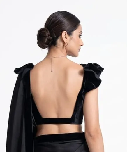 Backless Velvet Blouse Satin Saree Set – Ruffle Sleeve Cocktail & Party Wear Saree - Image 8